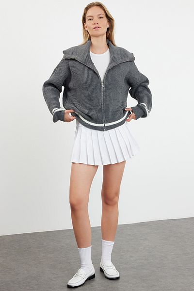 Trendyol Collection Anthracite Zippered Striped Turn-Down Collar Knitwear Cardigan Twoaw25Hi00038