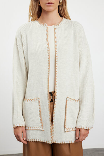 Trendyol Modest Camel Stone Colored Shepherd's Stitch Detailed Sweater Cardigan - TCTAW25TH00003