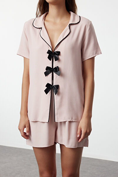 Trendyol Collection Woven Pajama Set with Powder Ribbon/Bow and Piping Detail Viscose Shorts Thmss24Pt00290