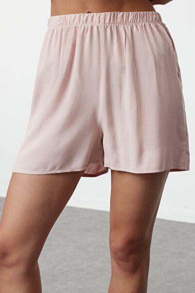 Trendyol Collection Woven Pajama Set with Powder Ribbon/Bow and Piping Detail Viscose Shorts Thmss24Pt00290