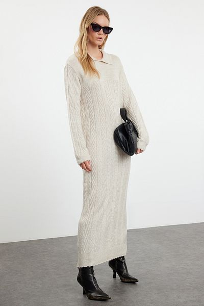 Trendyol Modest Πλεκτό φόρεμα με πέτρινο γιακά πόλο με σχέδιο ψαριού πίσω - TCTAW25EB00030