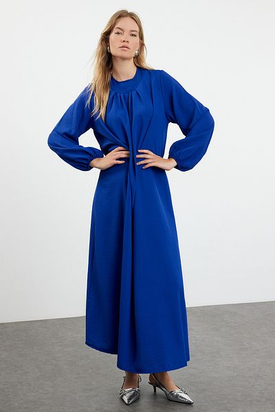 Trendyol Modest Pohodlné tkané šaty Aerobin - Saks, balónový rukáv, TCTSS24EB00232