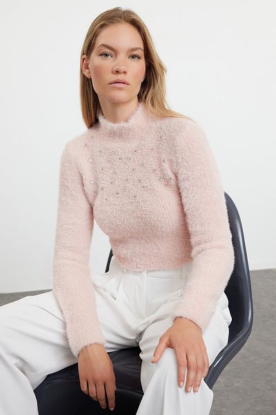 Trendyol Collection Powder Crop Knitwear Sweater with Bead Detail - Soft Texture TWOAW25KZ00143