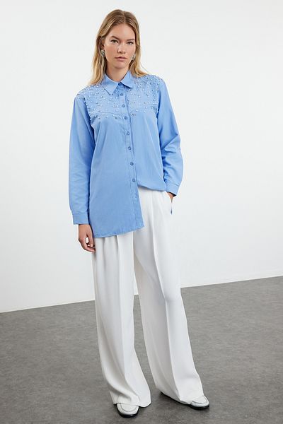 Trendyol Modest Modrá tkaná košile s detailem kamene - TCTSS24TG00080