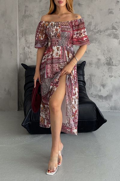 Edit by Trendyol Μίντι Φόρεμα Κόκκινο Σιφόν Κάρμεν γιακά - Ethnic μοτίβο, Ελαστικό TEDAW25EL00008