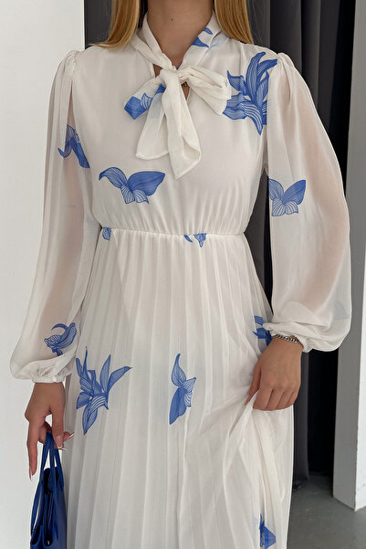 Edit by Trendyol Pleated Chiffon Maxi Dress - Ecru Floral, Regular Fit TEDAW25EL00009