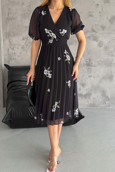 Edit by Trendyol Šifonové šaty Regular Fit - Černý květinový vzor TEDAW25EL00010
