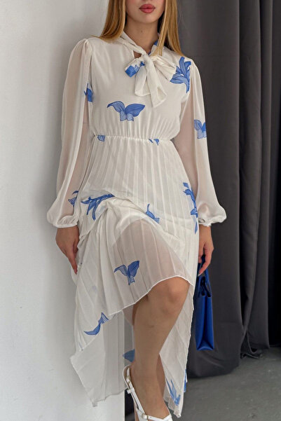 Edit by Trendyol Pleated Chiffon Maxi Dress - Ecru Floral, Regular Fit TEDAW25EL00009