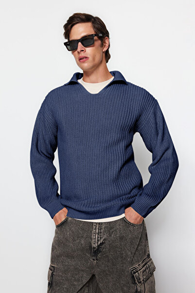 Trendyol Collection Πλεκτό πουλόβερ Unisex Indigo Polo γιακά - Κανονική εφαρμογή, μη κοίλο TMNAW24KZ00008