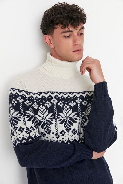 Trendyol Collection Rollkragenpullover aus Indigo-Strick – Wolle Ethno TMNAW22KZ0296