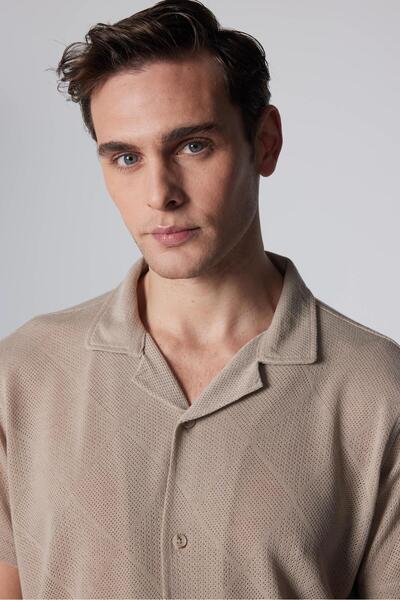 Tudors Stone Colored Men's Slim Fit Summer Knitted Texture - Square Pattern, Short Sleeve, Breathable