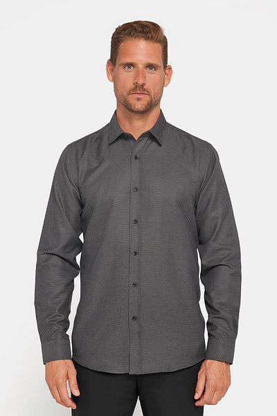 Tudors Modern Slim Fit hosszú ujjú pamut Easy Iron Dobby férfi szürke ing