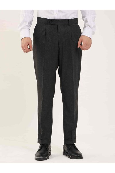 Dufy Anthracite Men's Slim Fit Herringbone Patterned Classic Trousers - 97711