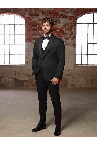 Dufy Black Men's Slim Fit Straight Pointed Collar Tuxedo Suit - 92425
