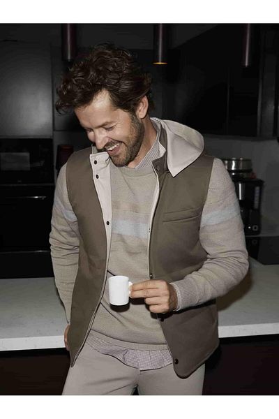 Dufy Beige Men's Slim Fit Striped Crew Neck Sweater - 90604
