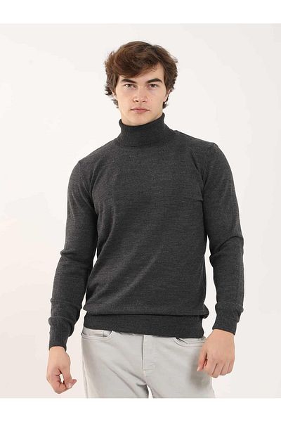 Dufy Pulover antracit pentru bărbați, slim fit, simplu, clasic, cu gât țesut complet - 91082