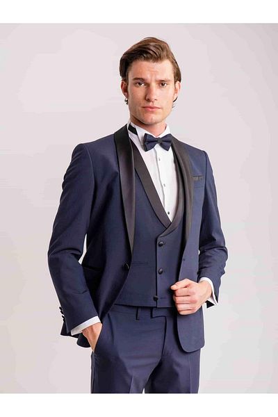 Dufy Ανδρικό Slim Fit Navy Blue Tuxedo Suit - Απλό γιακά με σάλι - 35711