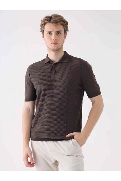 Dufy Pulover maro pentru bărbați, cu model, din bumbac, cu gât polo - 94543
