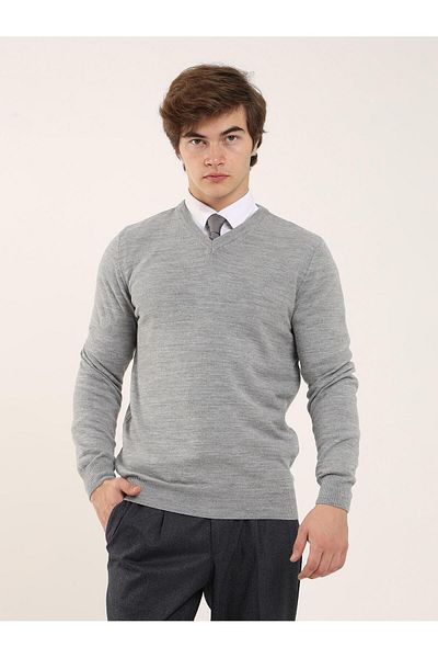 Dufy Pulover clasic cu decolteu în V pentru bărbați, Grey Melange - 91132