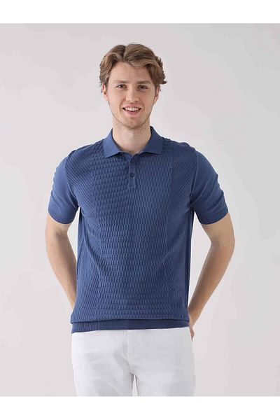 Dufy Pulover din bumbac cu model cu guler polo indigo pentru bărbați - Regular Fit 94538