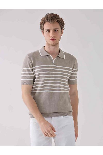 Dufy Pulover casual cu guler polo în dungi, bej, cu croială normală - 94523