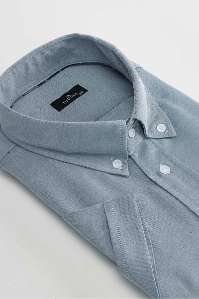 Tudors Men's Plus Size - Gray Oxford Cotton Short Sleeve Shirt with Single Pocket and Button Collar