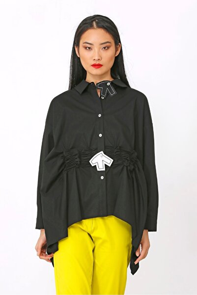 BİZE Beli Büzgülü Kuş Motifli Gömlek - Siyah