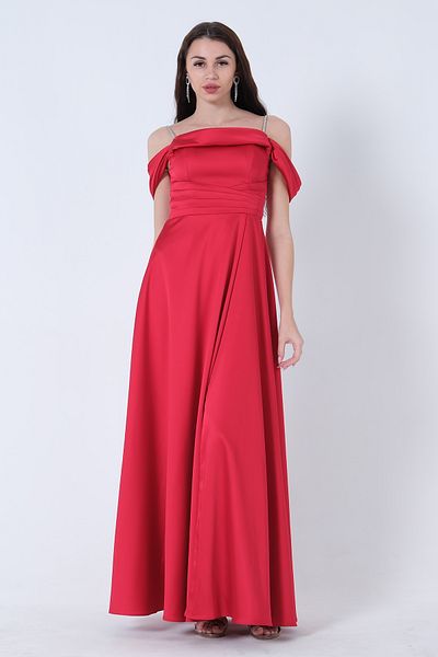 Feminist Stone Strap Low Sleeve Satin Evening Dress Red0806118