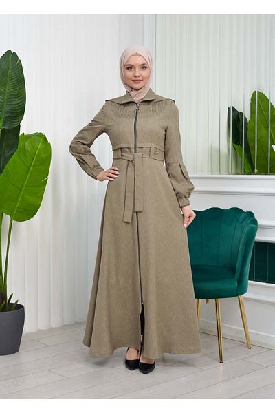 Modamix Zippered front, hooded and belted, hijab topcoat 1206