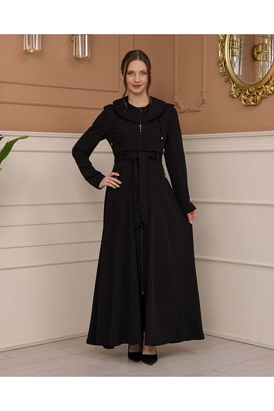 Modamix Hooded Zippered Hijab Coat with Pleated Collar - 1225