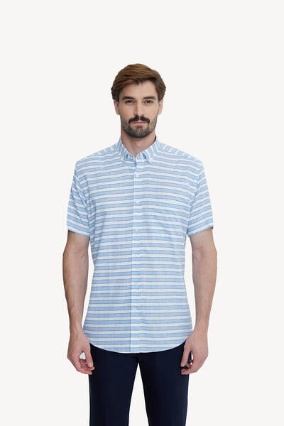 Ysf Men's Blue Classic Striped Linen Shirt