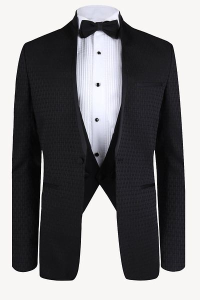 Ysf Men's Black Slim Fit Chief Collar Vest Patterned Groom Suit