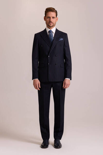 Ysf Erkek Lacivert Regular Fit Çizgili Kruvaze Yün Takım Elbise
