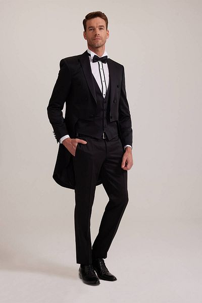 Ysf Men's Black Slim Fit Frag Swallow Collar Groom Suit