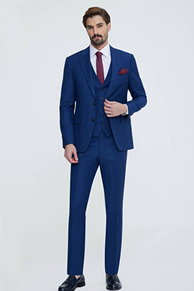 Ysf Erkek Saks Mavisi Sivri Yaka Slim Fit Yelekli Takım Elbise