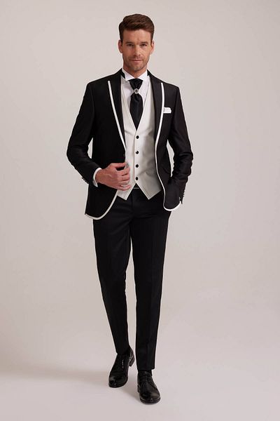 Ysf Men's Black Swallow Collar Vest Patterned Slim Fit Groom Suit