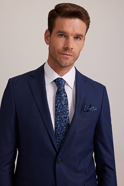 Ysf Erkek Lacivert Kareli Klasik Takım Elbise