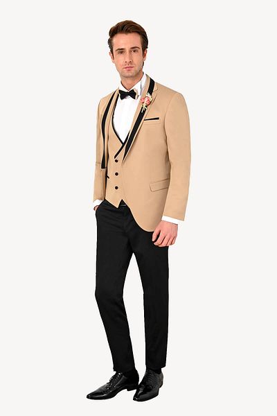 Ysf Men's Beige Slim Fit Vest Shawl Collar Groom Suit