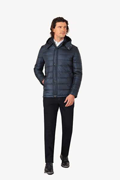 Ysf Erkek Petrol Regular Fit Kapüşonlu Desenli Kaban