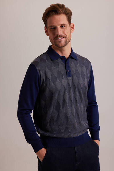 Ysf Erkek Lacivert Gri Polo Yaka Baklava Desenli Triko