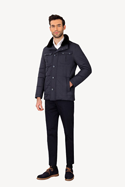 Ysf Erkek Lacivert Kürklü Yaka Klasik Kaban