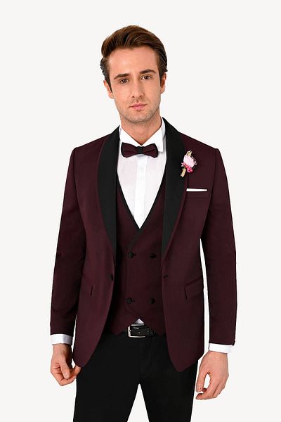 Ysf Men's Burgundy Slim Fit Vest Dislocation Shawl Collar Groom Suit