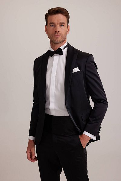 Ysf Men's Black Slim Fit Swallow Collar Groom Suit