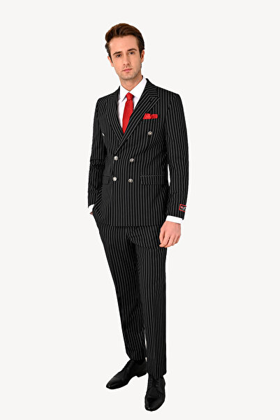 Ysf Erkek Kruvaze Çizgili Regular Fit Takım Elbise