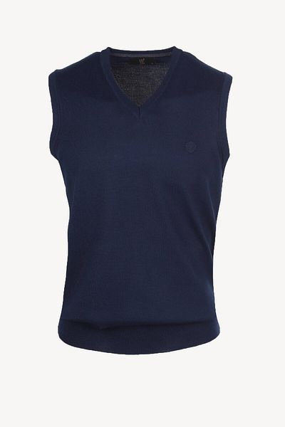 Ysf Men's Navy Blue Wool V-Neck Classic Knitwear Sweater