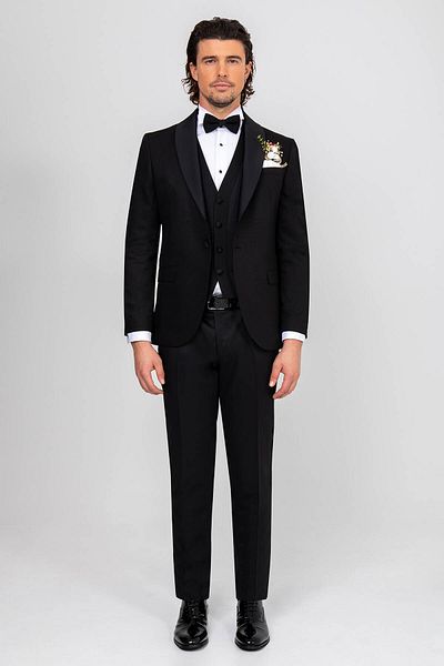 Ysf Men's Black Vest Dislocation Shawl Collar Groom Suit