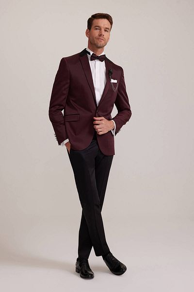 Ysf Men's Burgundy Slim Fit Mono Collar Groom Suit