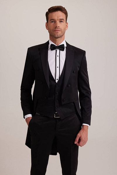 Ysf Men's Black Slim Fit Frag Swallow Collar Groom Suit