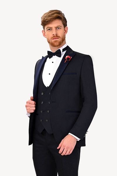Ysf Men's Navy Blue Slim Fit Vest and Dislocation Shawl Collar Groom Suit