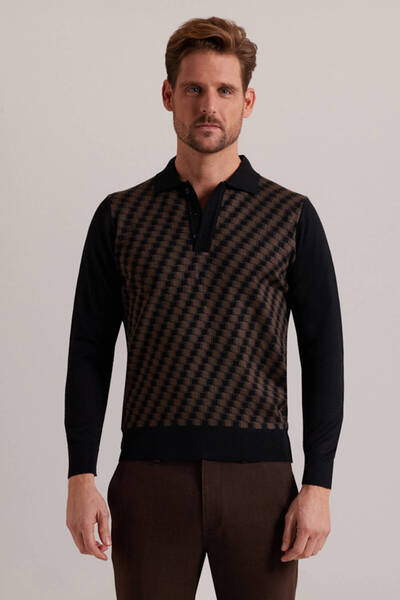 Ysf Erkek Siyah Kahve Polo Yaka Desenli Triko